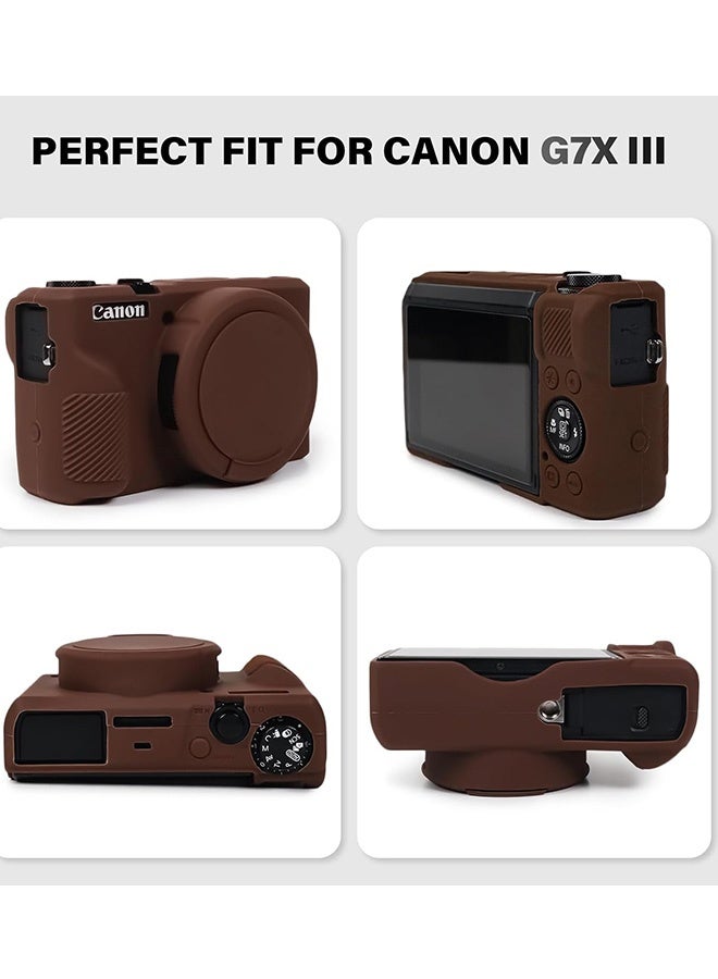 حافظة سيليكون مع واقي شاشة من الزجاج المقوى لكاميرا Canon Powershot G7 X Mark III الرقمية غطاء واقي ناعم من السيليكون مع غطاء عدسة قابل للإزالة مضاد للانزلاق ومضاد للخدش باللون البني - Image 3